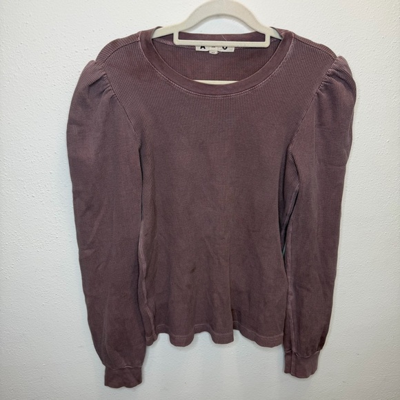 AMO Girly Thermal Long Puff Sleeve Top Waffle Knit Bloodstone Purple Size Large - Picture 3 of 12